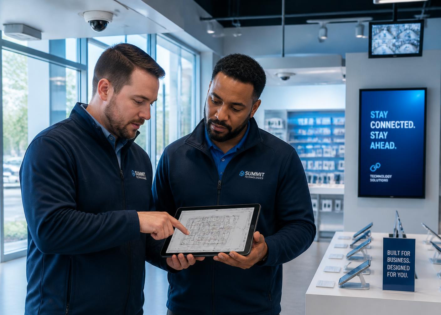 Technicians reviewing a technology installation on site