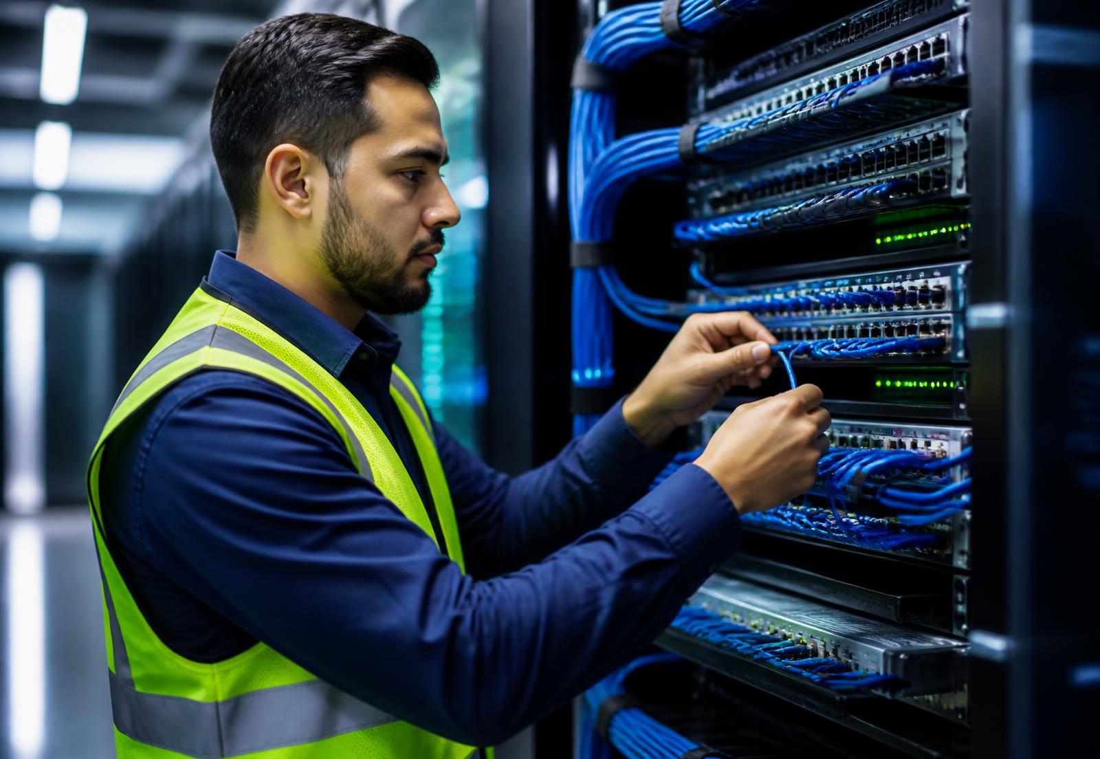 Technician terminating structured network cabling in a commercial server rack